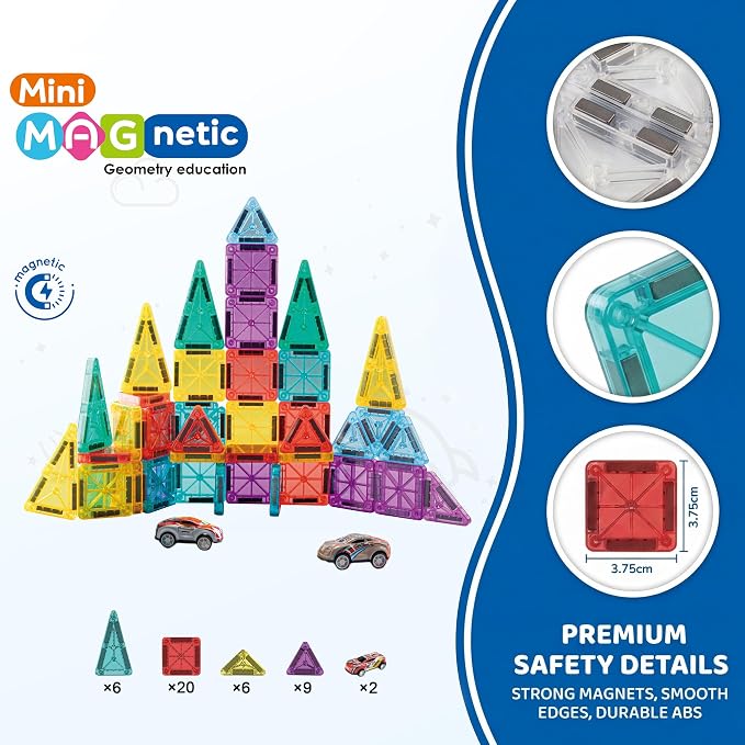 Magnetic Tiles for Kids Mini Magnetic Building Tiles with 2 Cars, Travel Magnetic Tiles with Case,STEM Toys for School Acitivities, Magnets Construction Tile Toy Ages 3-8 Boys Girls