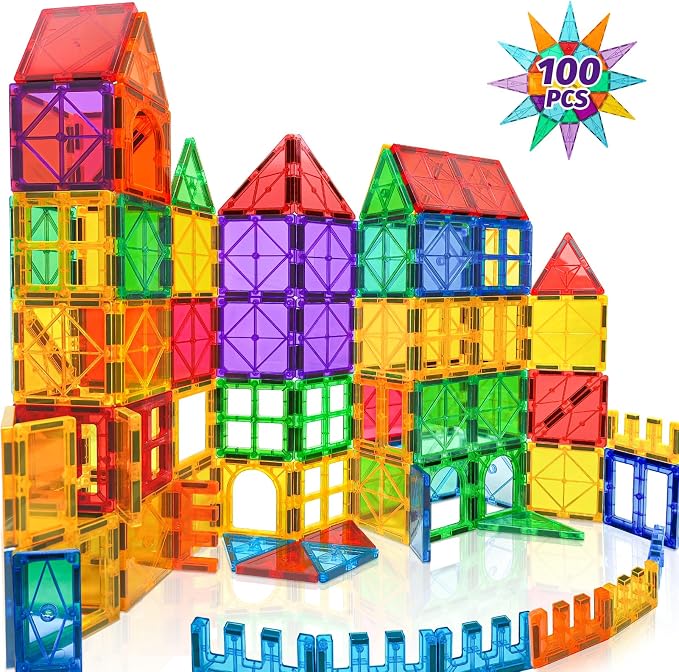 100pcs Magnetic Tiles for Kid Age 3+ Magnetic Blocks Toddlers Toys | Sensory Toy 4 5 6 7 Year Old Boys Girls, Educational Magnet Building Block Christmas Birthday Gift Toys for Kids Ages 4-8 3-5