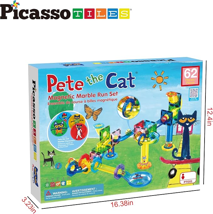PicassoTiles 62pcs Magnetic Tile Pete the Cat Magnetic Marble Run Toy Set with Race Track Tubes Marbles and Stickers STEM Educational Construction Building Blocks for Kids Boys Girls Ages 3 Up PTG03