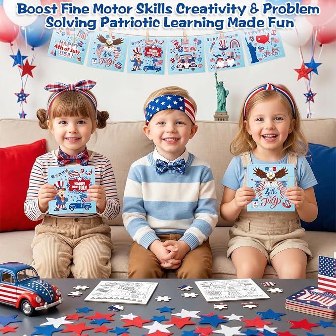 Fennoral 24 Pack 4th of July Patriotic Puzzle Craft Kit for Kids | Color Your Own jigsaw puzzle with base, 4.7‑inch, DIY Independence Day art, classroom activity, party favor supplies