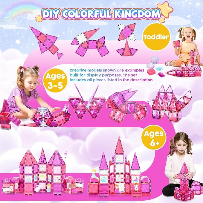 Magnetic Tiles 101PCS Pink Princess Car STEM Toy 3-8 | 101‑piece magnetic princess set with car. STEM toy for creative 3D building. Great gift for ages 3‑8.