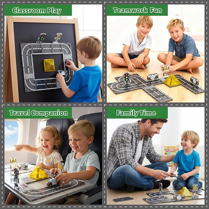 AFUNX Magnetic Tiles Road Set, STEM Building Blocks for Kids 3+ | Magnetic Road Tiles with Police Cars, Traffic Signs And Lights, STEM Building , Compatible with Other Tiles, Gift for Kids