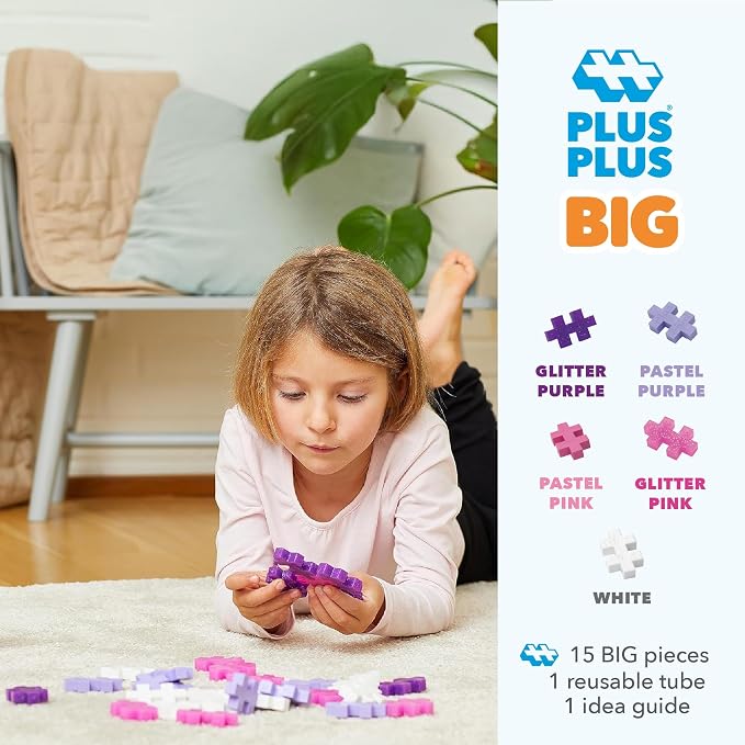 PLUS PLUS Big 15 Piece Glitter Mix - Large Building Blocks for Toddlers | Quiet Stem Toys for Toddlers, Prek Classroom Essentials, Waffle Blocks Jumbo, Stem Bins for Classroom, Sensory Bins