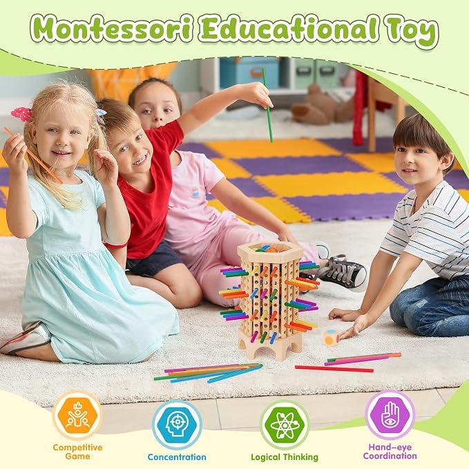 Montessori Game Wooden Board Game, 36 Colorful Wooden Sticks Dice Game | Math Educational Toy for 3 4 5 6 Year Olds, Fine Motor Skills Toy Classic Tower Game for Family Night Gift for Boys Girls