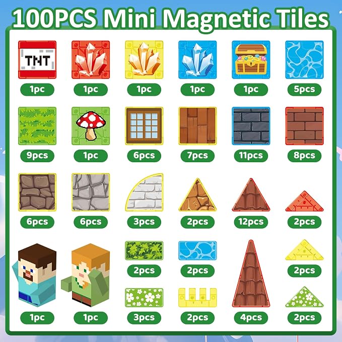 JIMI Mini Magnetic Tiles, 100pcs Magnetic Blocks Travel Set for Kids Age 3+ | Mini Magnetic Tiles with Metal Box for Boys Girls 4-8, Birthday Party Supplies Gift, STEM Building Toys Outdoor Indoor