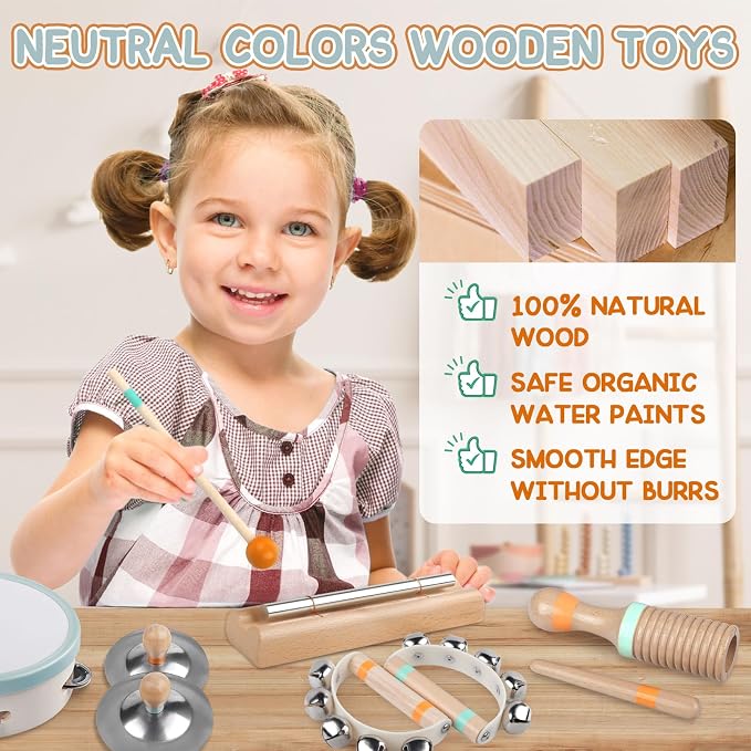 Baby Musical Instruments - Montessori Wooden Musical Toys for Toddlers Kids | Tambourine Percussion Instruments Set, Preschool Music Learning Sensory Toys, Educational Birthday Gifts for Boys Girls