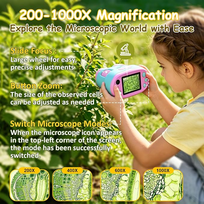 1000X Handheld Microscope for Kids 2.0" Screen 32GB Card Included | Rechargeable 3 in 1 Pocket Digital Kids Microscopes with Camera & Selfie Lens, Edu Science Kits for Kids 4-6 8-12 Purple