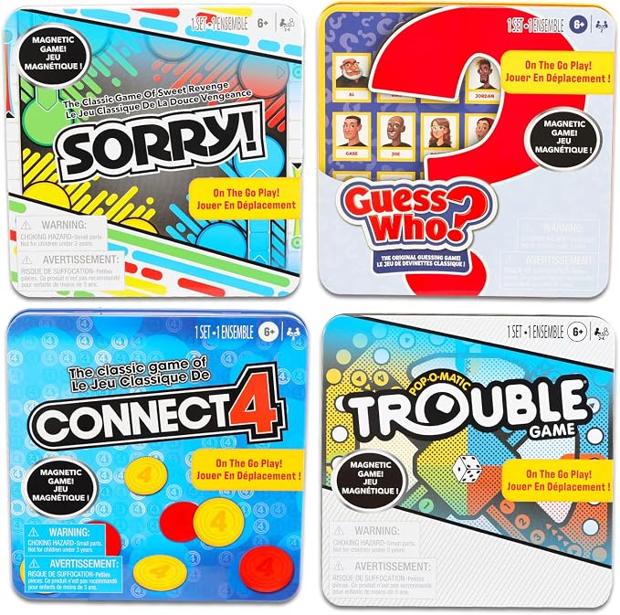 Hasbro Gaming Magnetic Game Travel Set for Kids - Bundle with 4 Travel Games in Tin Featuring Connect 4, Sorry, Trouble, Guess Who Plus Stickers | Travel Games for Kids 8-12