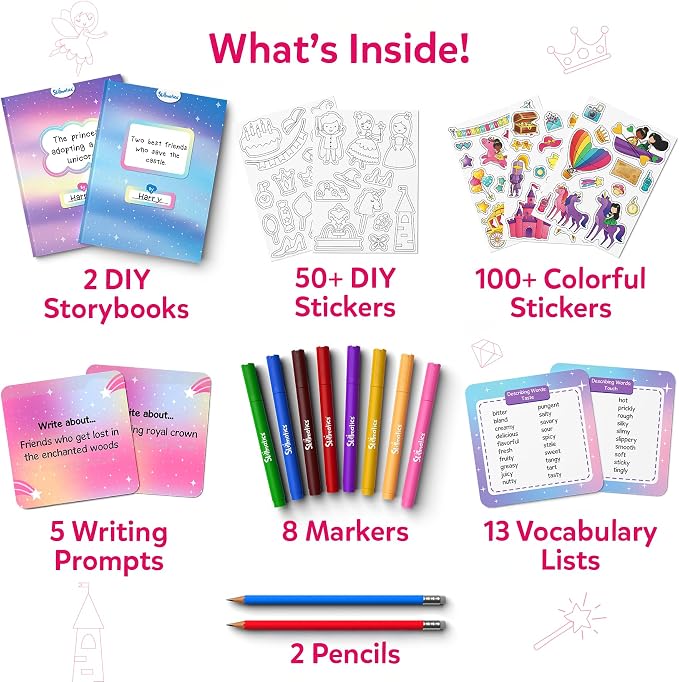 Skillmatics Storybook Art Kit – Unicorns & Princesses, Craft & Writing Kit | Storytelling Activity, Create Fairytale Stories, 300+ Stickers, Scrapbooking & Journal, Gift for Ages 5, 6, 7, 8, 9