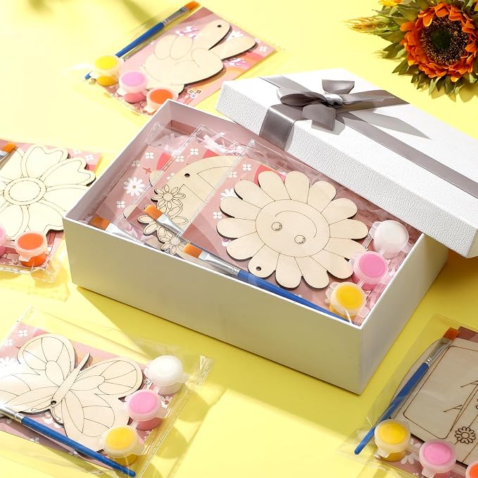 Saypacck 24 Pcs Groovy Boho Hippie Party Favors Wooden Paint Craft Kits | Retro Daisy Rainbow Decorations for Goodie Bags, Bulk Thank You Gifts with Organza Pouch, Boho Hippie Activities for Kids