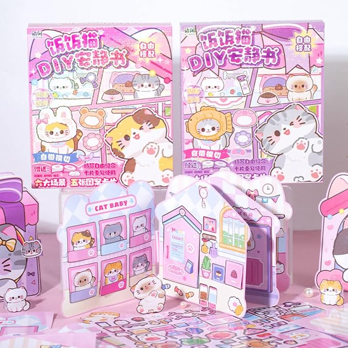 Cat Theme DIY Pre-Cut Sticker Quiet Book with 6 Pages of Background Scenes, Reusable Pretend Play Activity Book for Girls Birthday Gift, Pink