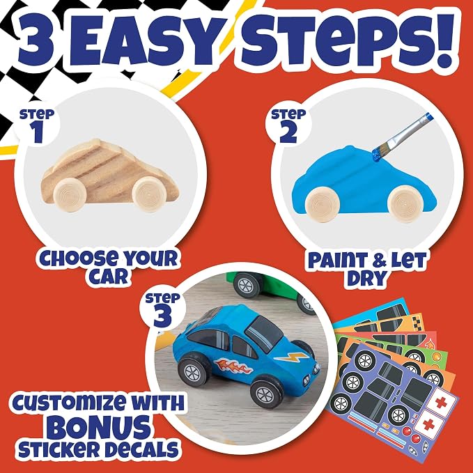 Kids Paint Your Own Wooden Car Craft Kits (12 Pack) – DIY Wood Painting Art Kits, Individually Wrapped w Paint, Brush & Bonus Decal Stickers – Party Favors, Classroom Crafts, Bulk Kids Activities