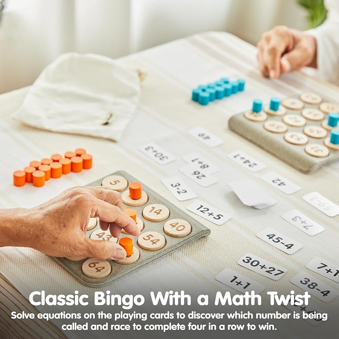 PlanToys® Wooden Math Bingo Game Montessori Number Kids Classroom Play | numbers, tiles, math games, wooden cards, girls, boys, counting, logical thinking learning gift preschool family new set