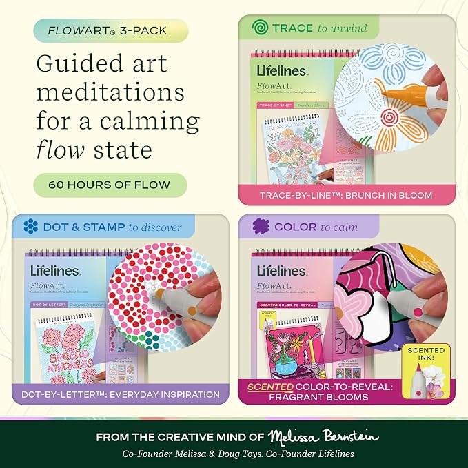 Lifelines FlowArt Activity Pads, 3-Pack, Dot-by-Letter Coloring Books | 12 Double-Sided Markers, 60 Scenes - Guided Dot Art Meditations for Tweens, Adults & Seniors - Patent-Pending