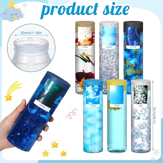 12 Pcs Weather Sensory Bottle Kits 13.5oz Plastic Calm Down Bottle with Lids 7 Styles Stickers Glitter Sequins Filler Acrylic Ice Cubes DIY Calm Down Jar Kit Accessories for Relieving Anxiety