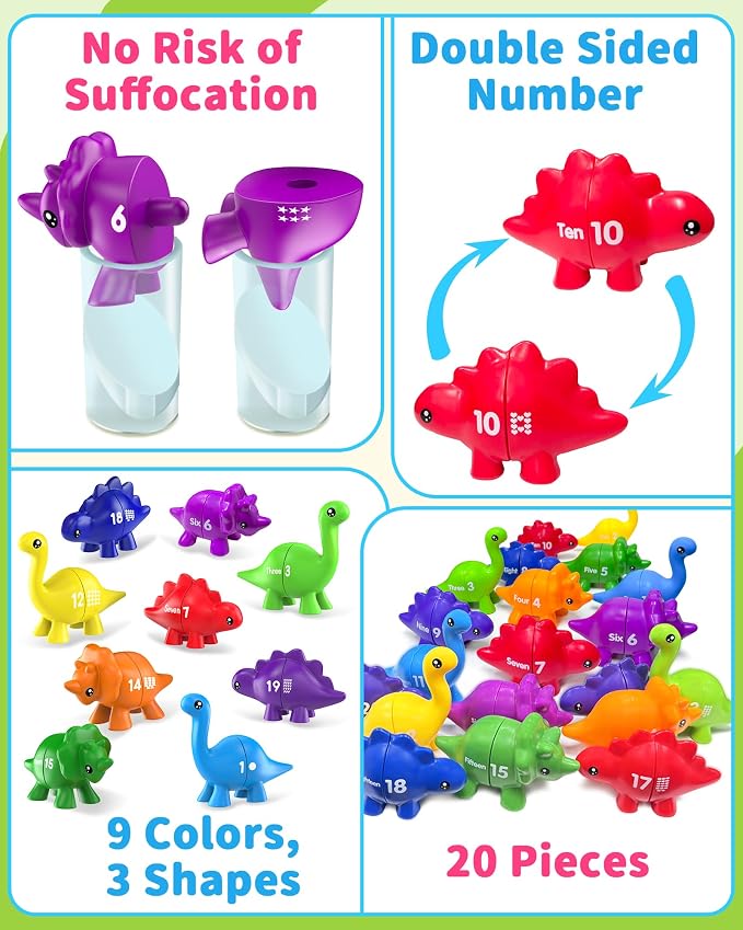 Number Dinosaur Toys for Kids 3-5, Montessori Learning Toys for 3 Year Old | Preschool Educational Toy, Toddler Boy Girl Gifts, Dino Travel Toy, Double-Sided Dinosaurs, Learn Numbers, Matching Game
