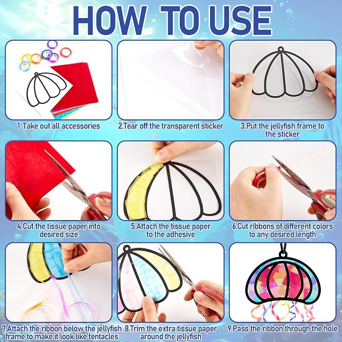 Qyeahkj 36 Set Jellyfish Suncatchers Craft for DIY Ocean Window Tissue Paper Craft Kit Under the Sea Stained Glass Window Ornaments Decoration for Home Art Project Summer Jellyfish Party Favor Gift