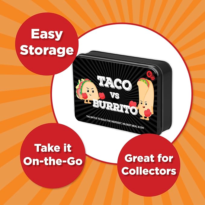 Taco vs Burrito Collectors Tin - The Wildly Popular Surprisingly Strategic Card Game Created by a 7 Year Old - 5 Ways to Play - Fun Family Games for Kids and Adults, Game Night, Travel Games