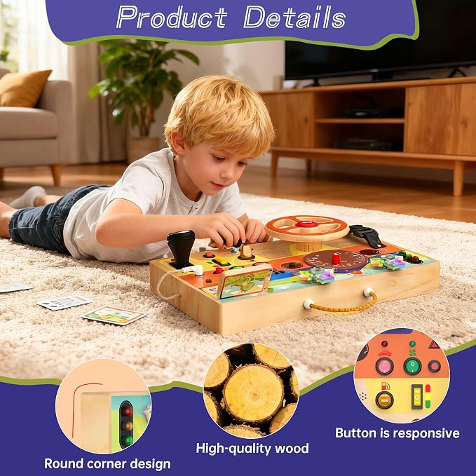 flycoost Busy Board Montessori Toys for Toddlers 1-3 with Steering Wheel | Wooden Lights Driving Activity Board Sensory Montessori Busy Board for 1+ Year Old, Toddler Learning & Travel Toy
