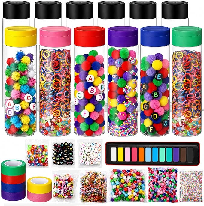 FoldTier 12 Set Letter Sensory Bottles, Plastic Clear Calming Kit | 13.5 oz Bottle, Pom-pom Balls, Alphabet and Number Decor, Clay, Rainbow Tape, Calm Down Jar Filler for Back to School