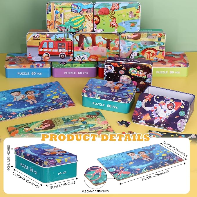 Silipull 12 Boxes Party Favors Jigsaw Puzzles in a Metal Box for Age of 4-8, Wooden Puzzle for Ages 4-8 Learning Educational Jigsaw Pieces Toys, 12 Styles(Lovely)(Novel)