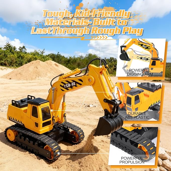 DOUBLE E Remote Control Excavator Toy, 2*Batteries 2.4GHz RC Excavator, 6-in-1 Digging/360° Rotation, 20M Range Sandbox Construction Toys Birthday Gift for Boys/Kids 6+ Years