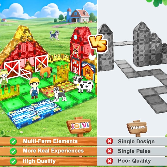 Magnetic Tiles Farm Animals Toddler Toys, STEM Magnet Building Blocks for Kids Ages 3-5 5-7 4-8, Preschool Montessori Sensory Toys Gifts for 3+ Year Old Boys & Girls