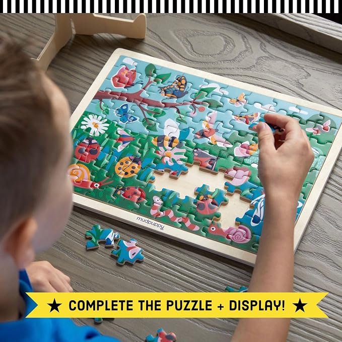 Mudpuppy Garden Life 100 Piece Wooden Puzzle for Kids, Ages 5+ | Scenic Garden Theme, Bright and Bold Illustrations, Display Stand Included, Sturdy Pieces, Wood, Room Decor