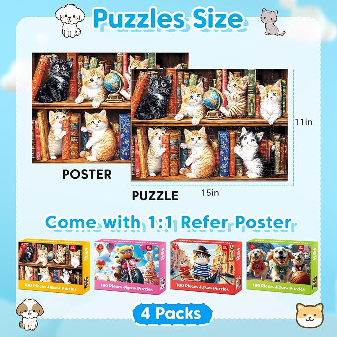 4-Pack 100 Piece Puzzles for Kids Ages 4-6 6-8 8-10 Year Old - Lovely Cats & Bear & Dogs Large Piece Jigsaw Puzzles, Kids Puzzles Learning Educational Toys Christmas Puzzle Gifts for Boys Girls