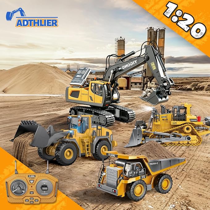 Remote Control Excavator (11-Channel), Dump Truck, Bulldozer, Loader (9-Channel), 2.4GHz Remote Control Construction Vehicles, Metal Construction, with Cool Lights and Sound Effects, 4-Pcs