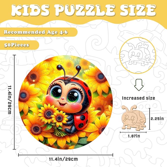Animal Wooden Puzzles for Kids - Sunflower Ladybug | 50 Piece Puzzles for Kids Ages 6-8, Kids Puzzles with Unique Animal Shapes, Round Gift for Girls and Boys (11.4 * 11.4 in)
