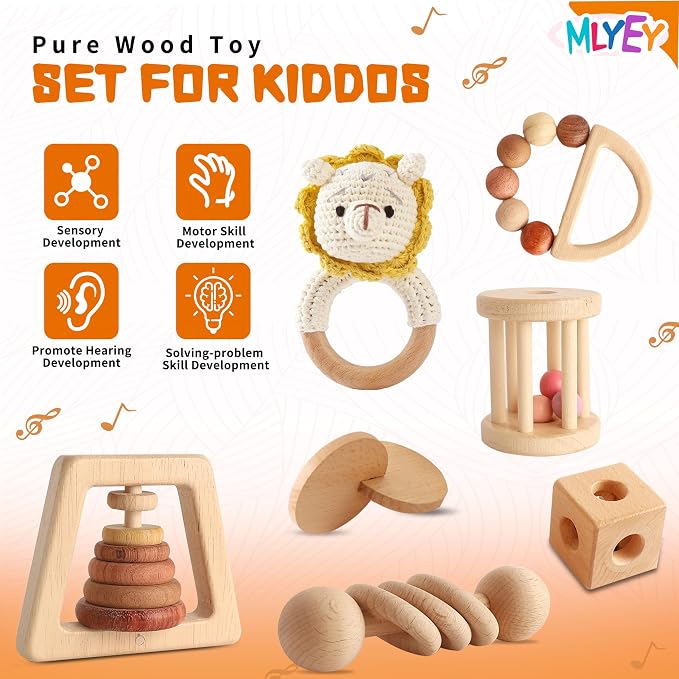 Wooden Montessori Toys 7PCS Wooden Baby Toy for Babies 12-36 Months, Natural Wood Rattle Toy Set with Crochet Lion Rattle, Gift for Infant Boys Girls
