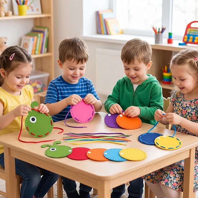 Fumete 19 Pcs Caterpillar Fuzzy Insect Lacing Card Set Felt Cartoon Fuzzy Insect Craft 10 Double Sided Sewing Card 9 Colorful Laces Funny Fine Motor Skill Supply for Educational Learning Activities