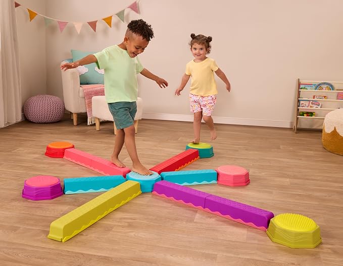 B. toys Balance Beam Set, 10 Beams & 6 Sensory Stepping Stones, Rainbow | Balance & Build Set in rainbow colors with 16 interlocking pieces, 10 beams and 6 sensory stepping stones, Summer, 3+ Years