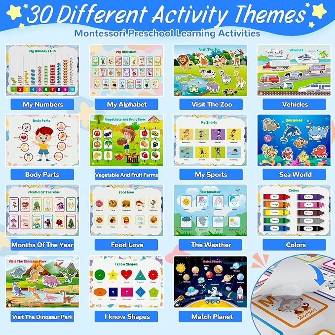 Busy Book for Toddlers 3-5, Preschool Learning Activities, 30 Themes | Reusable Activity Workbook with 8 Markers for Tracing, Matching and Coloring, Montessori Travel Toy for Home and Road Trips
