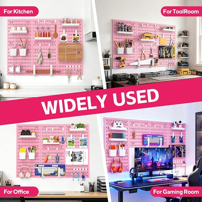 Pink Peg Board, 24"x36" Pegboard Wall Organizer, Includes 6PCS Pink Peg Boards and Accessories, Plastic Peg Board Panels for Craft Room, Office, Kitchen, Gaming Room