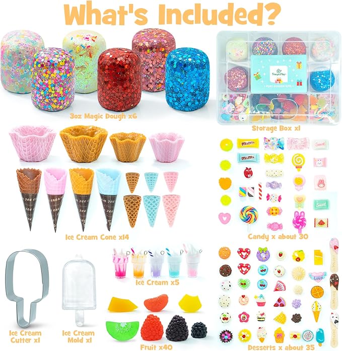 SIMPLIPLAY Ice Cream Sensory Dough Kit, 6 PCS 18oz Glitter Doughs | Soft Clay Ice Cream Toys with Cone, Mold, Fruit Pieces, Accessories(120 Pcs+), Christmas Birthday Gift for Girls Age 3 4 5 6