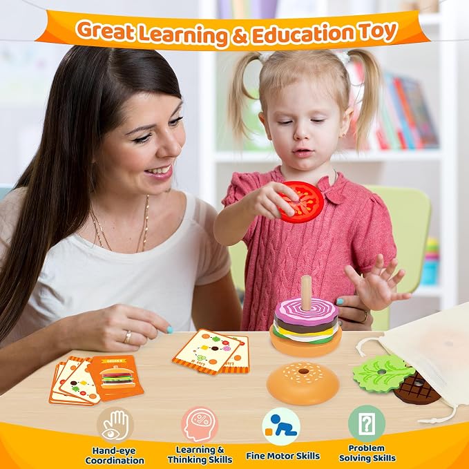 Jumlys Montessori Wooden Burger Stacking Toys for 2, 3, 4, 5 Year Olds, Fine Motor Toys for Kids Boys Girls, Ideal Preschool Educational and Learning Toys, Perfect Christmas Birthday Gifts