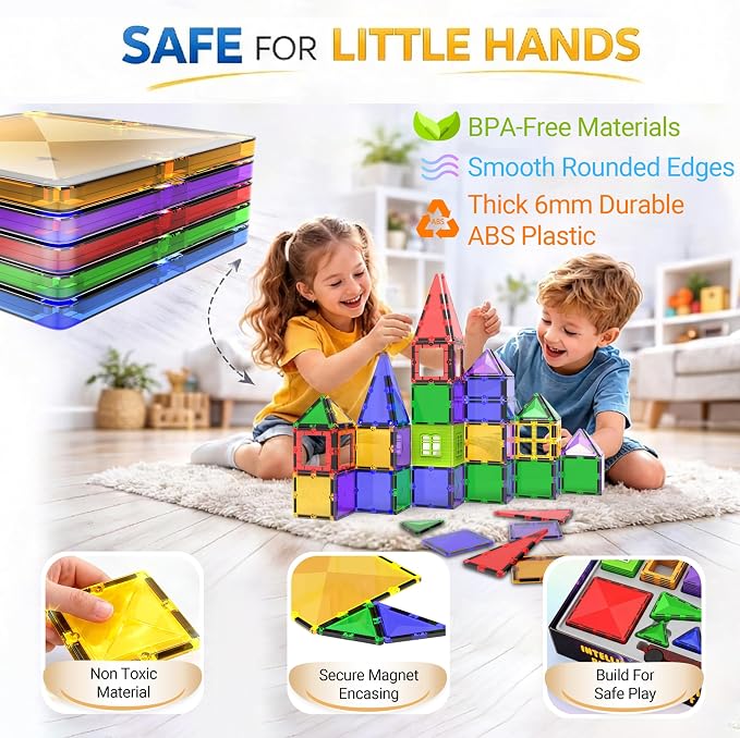 Magnetic Tiles Building Blocks Toy - STEM Educational Magnet Set for Kids, Creativity Preschool Learning Sensory Montessori Toddler Toys for Boys & Girls 3+ Years Old - 57PC