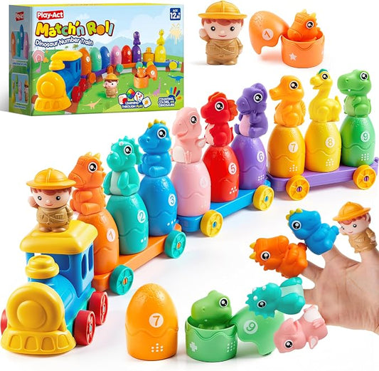 Play-Act Learning Toys for 1 2 3 Years Old, Counting, Matching & Sorting Montessori Learning Dinosaur Train Including 9 Dinosaurs, Birthday Gift for Baby Boys Girls