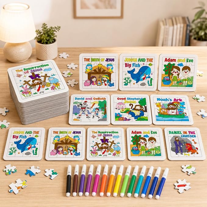 Cinrobiye 24 PCS Bible Story Jigsaw Puzzle Craft Kit, Religious Coloring Puzzle Set with Pens, DIY Christian Church Activity for VBS Sunday School Group Crafts, Faith-Based Party Favors Supplies
