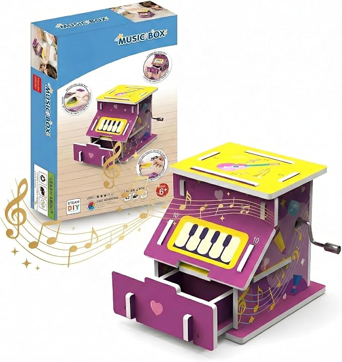 STEM DIY Music Box Kit, Build & Play, Hands-on, Ages 6+, Science Gift | Build a real music box! Discover gears & vibrations. Intro to physics. Boosts STEM skills, patience. Sweet keepsake, 6+!