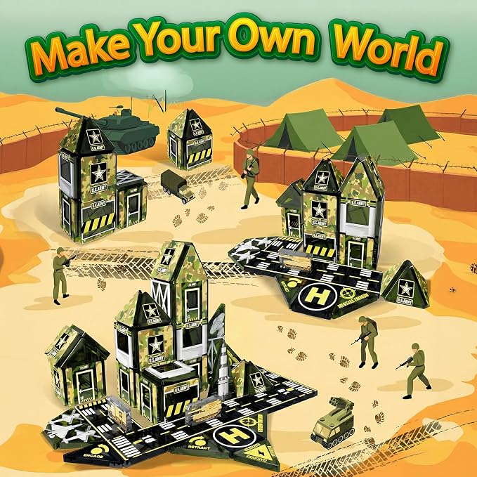 42PCS Mini Magnetic Tiles Army Base Travel Set with Iron Box | STEM Educational Military Building Blocks Magnetic Construction Toy for Kids Ages 3 to 8 Creative Gift for Boys and Girls