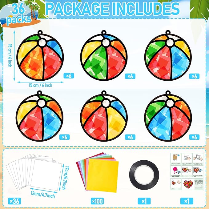 Qyeahkj 36 Set Beach Balls Suncatchers Craft for DIY Summer Party Paper Craft Kit Game Beach Balls Stained Glass Window Ornaments Decoration for Home Art Project Party Favor Gift