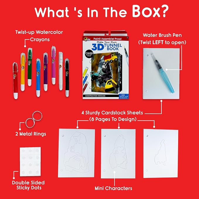 EyeConnect Crafts Diggers Mini 3D Tunnel Book – Hands-on Paper Craft Kit | Build, color & create a pop-in book! Mini animals, watercolor pastels & water brush included. Portable, screen-free fun! 3+