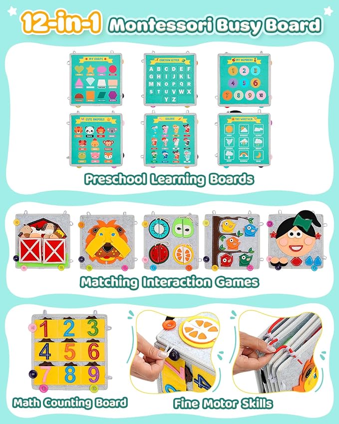 Toddler Busy Book, Montessori Toys Busy Board for Toddlers Birthday Gifts | Felt Book & Cube Sensory Travel Toy, Toddlers Preschool Educational Learning Toys, Quiet Activity Books for Airplane Car,Grey