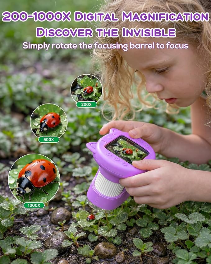 Digital Handheld Microscope for Kids, 1000X Portable Pocket Magnifying Glass with 2.4" Screen, STEM Educational Birthday Gift for Boys Girls Age 4-6 to 8-12, Outdoor Exploration Toy,Purple