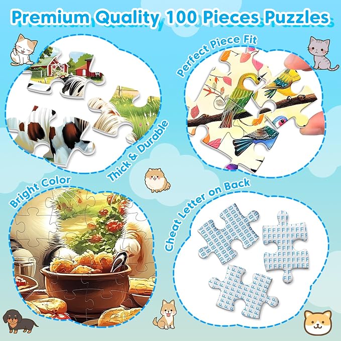 4 Packs 100 Piece Puzzles for Kids Ages 4-6 6-8 8-10, Cats Birds Farms Dogs Jigsaw Puzzles Educational Kids Puzzles 5-8 Gifts for Girls Boys Adults Seniors 15x11in