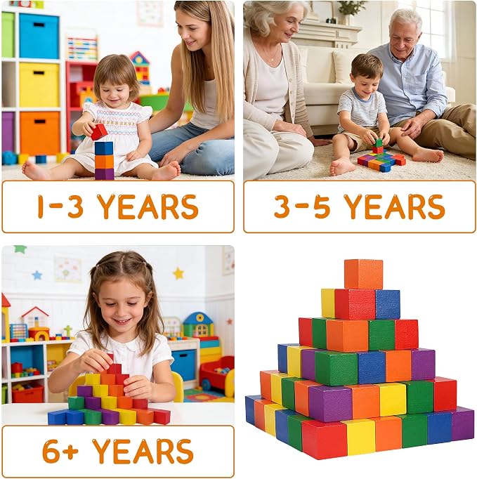 Offelec 108 Pack 1 Inch Wooden Blocks, 6 Colors STEM Math Sorting Toys, Wood Building & Stacking Blocks for Toddlers, Classroom Learning Wooden Cube Blocks, Creative Play & DIY Craft for Kids Ages 3+