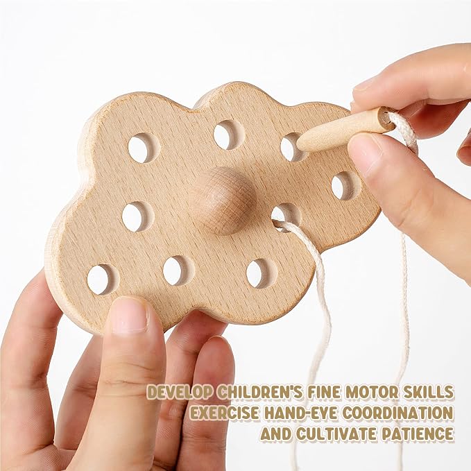 3 Pack Wooden Lacing Threading Toys for Toddlers 1-3 Solid Wood Threading Activity Puzzles, Moon/Stars/Cloud Quiet Toddler Toys for Airplane Travel Fine Motor Skills Sensory Toys